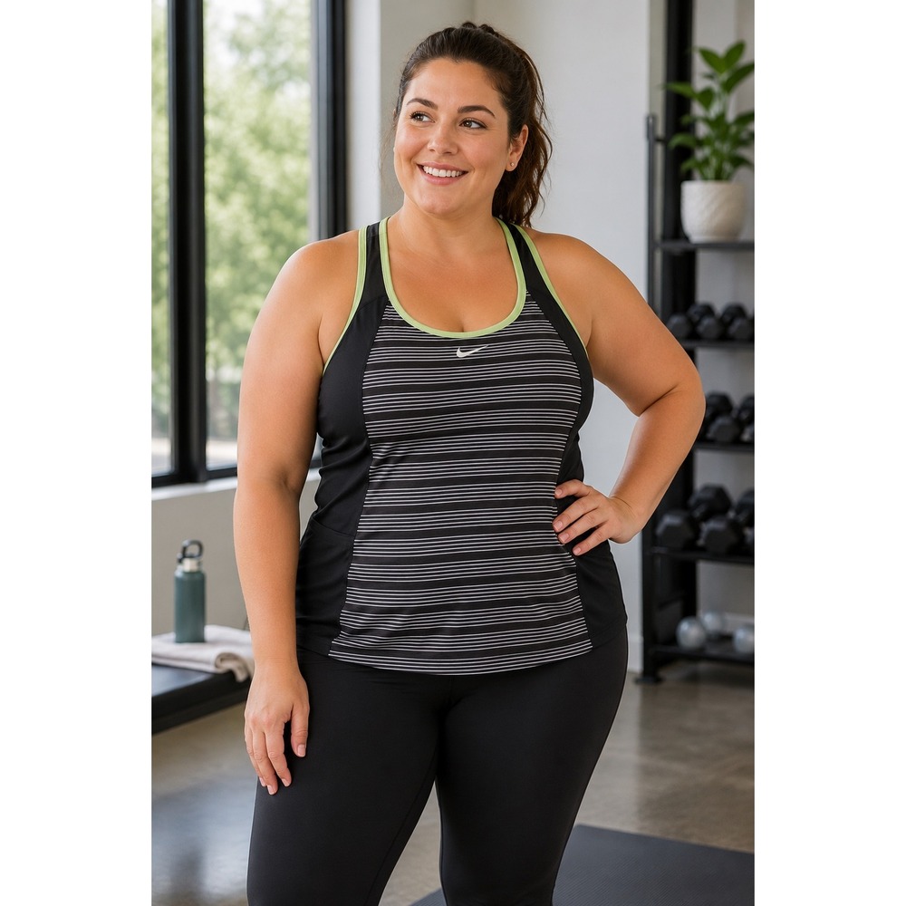 Nike Dri-FIT Racerback Built In Bra Tank Top Black Stripe Green Trim Women's 1X